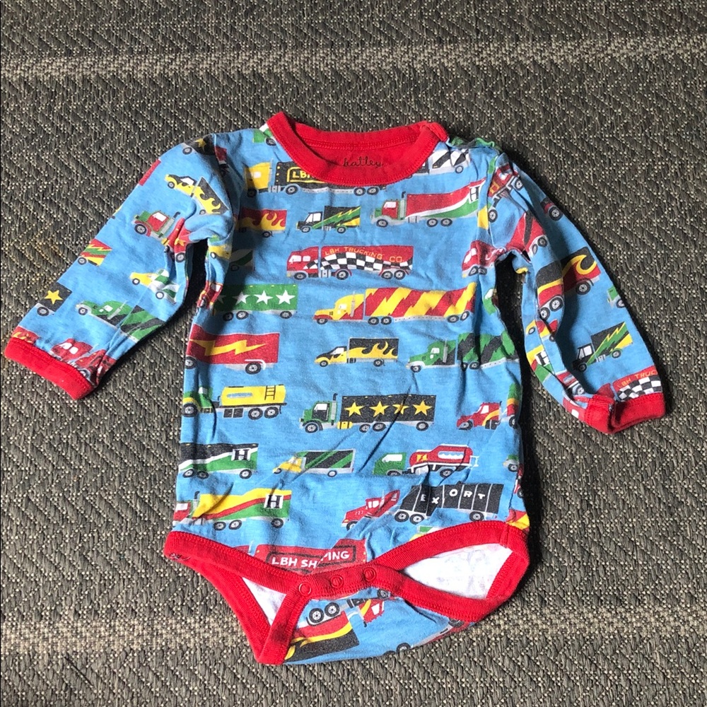 Hatley Light Blue Truck Print One-Piece Bodysuit with Red Trim